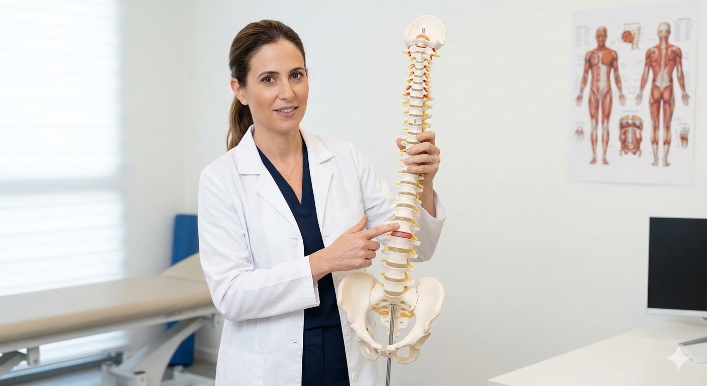 Physician holding a model of a spine in an office setting